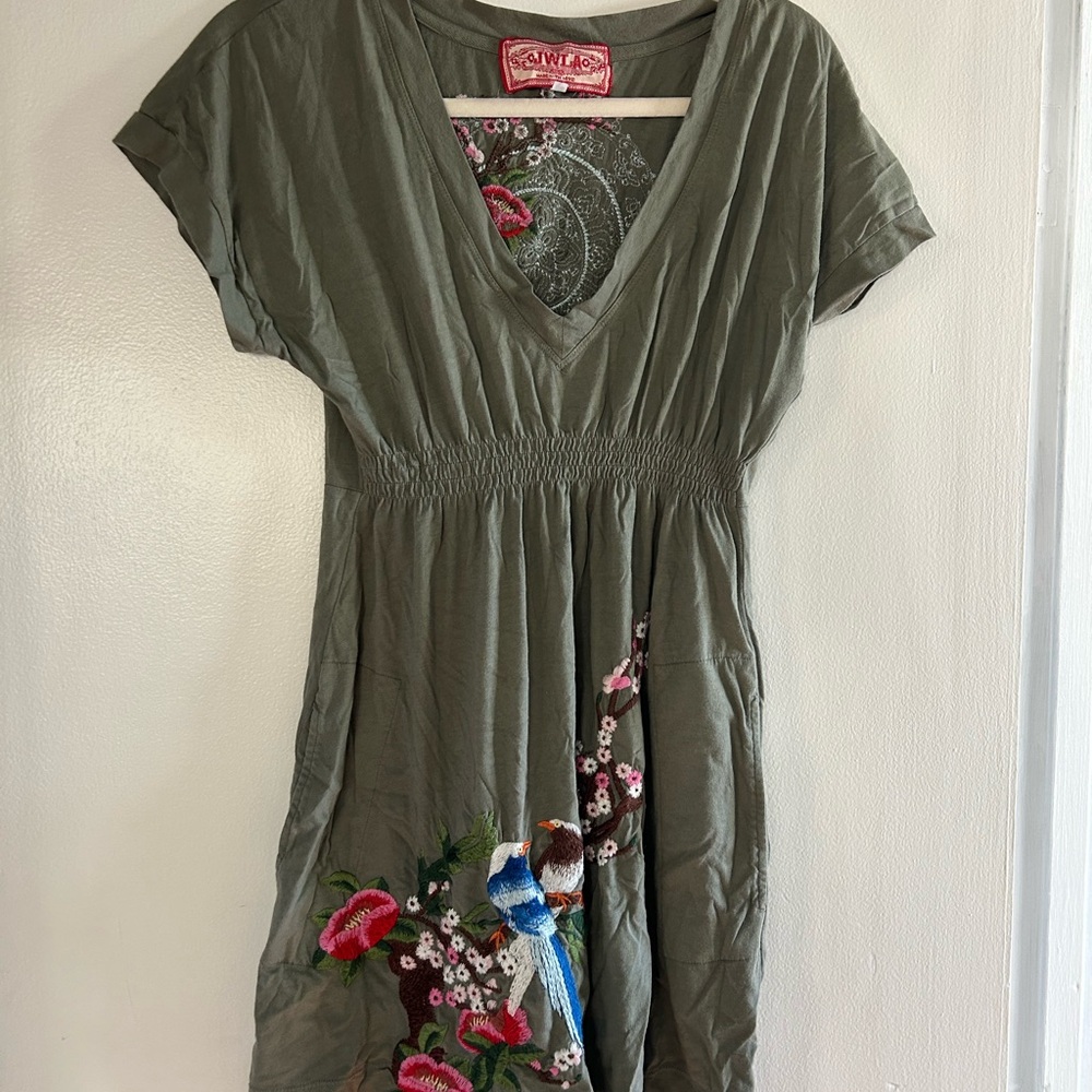 Johnny Was Olive Green Mini Dress with Floral Embroidery
